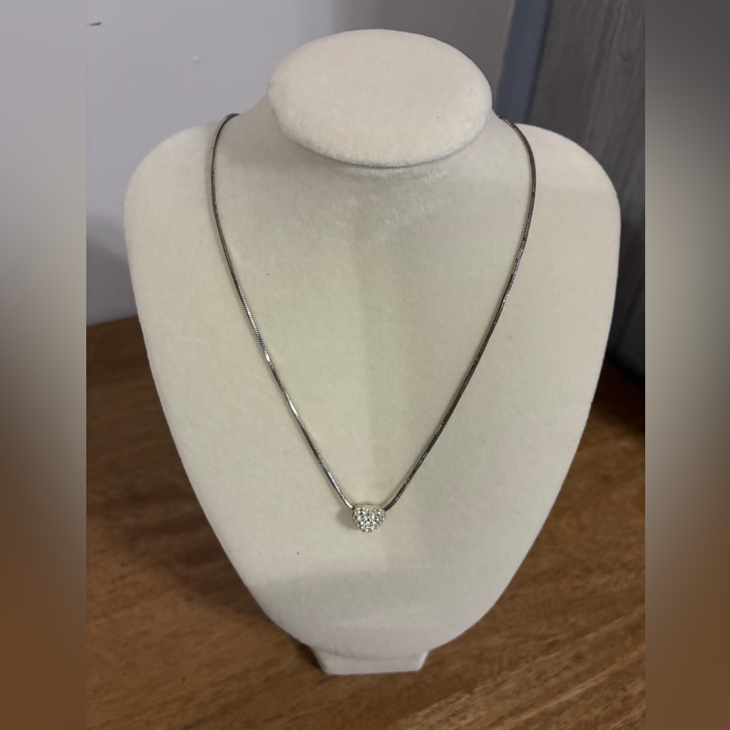Premier Designs Vintage Silver Tone Pave Crystals Puffy Heart Pendant Necklace